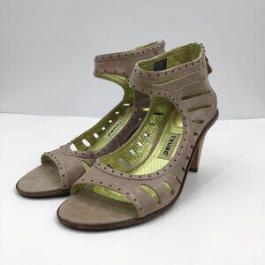 GLAM Size 9 Tsubo Sandals Heels Pumps Open Toe Strappy Taupe Gold Lined Ankle